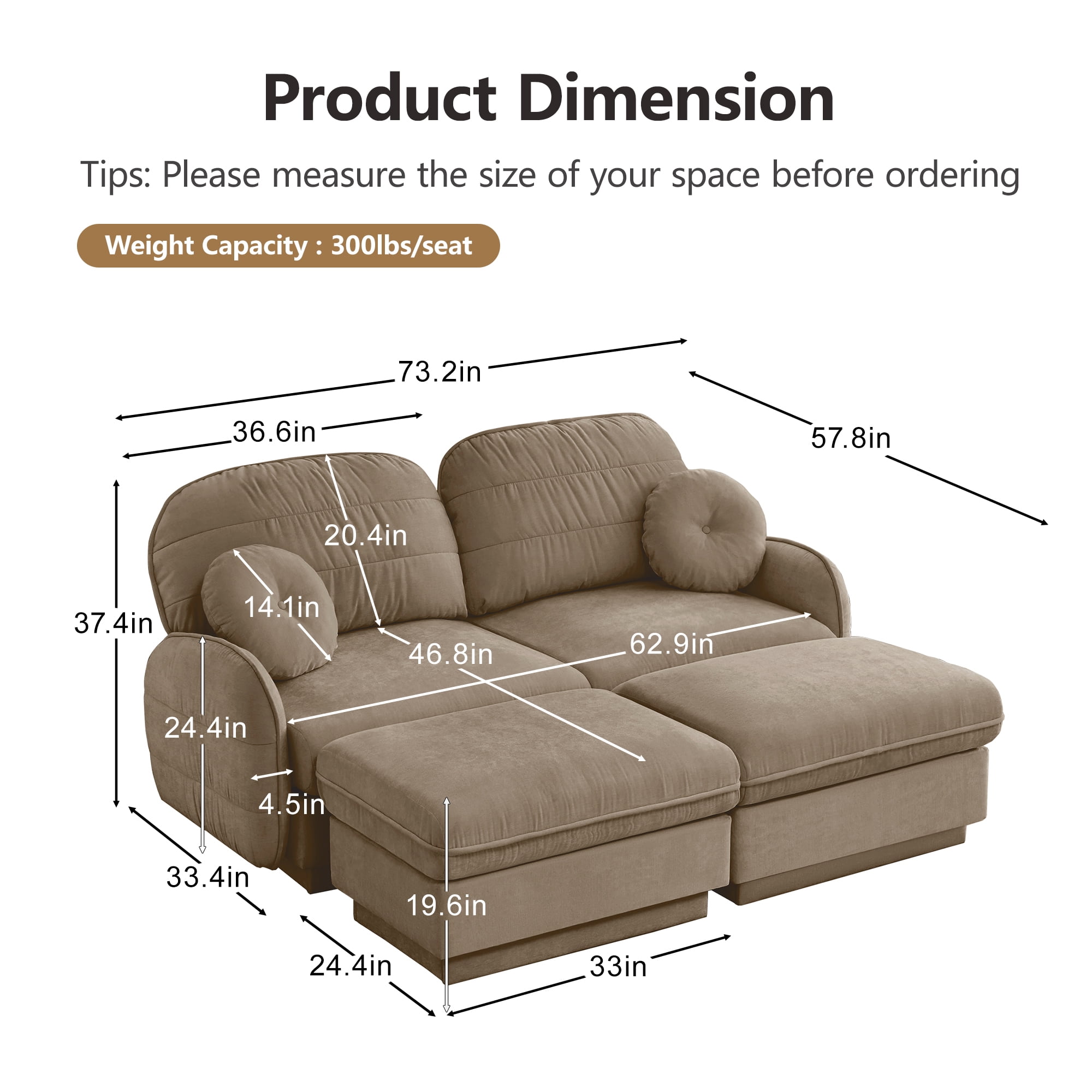 Mintazer Chenille Cloud Loveseat Sofa with 2 Movable Ottoman and Round Pillows, U-Shaped Ergonomic Sofa Couch for Living Room, Bedroom, Light Coffee