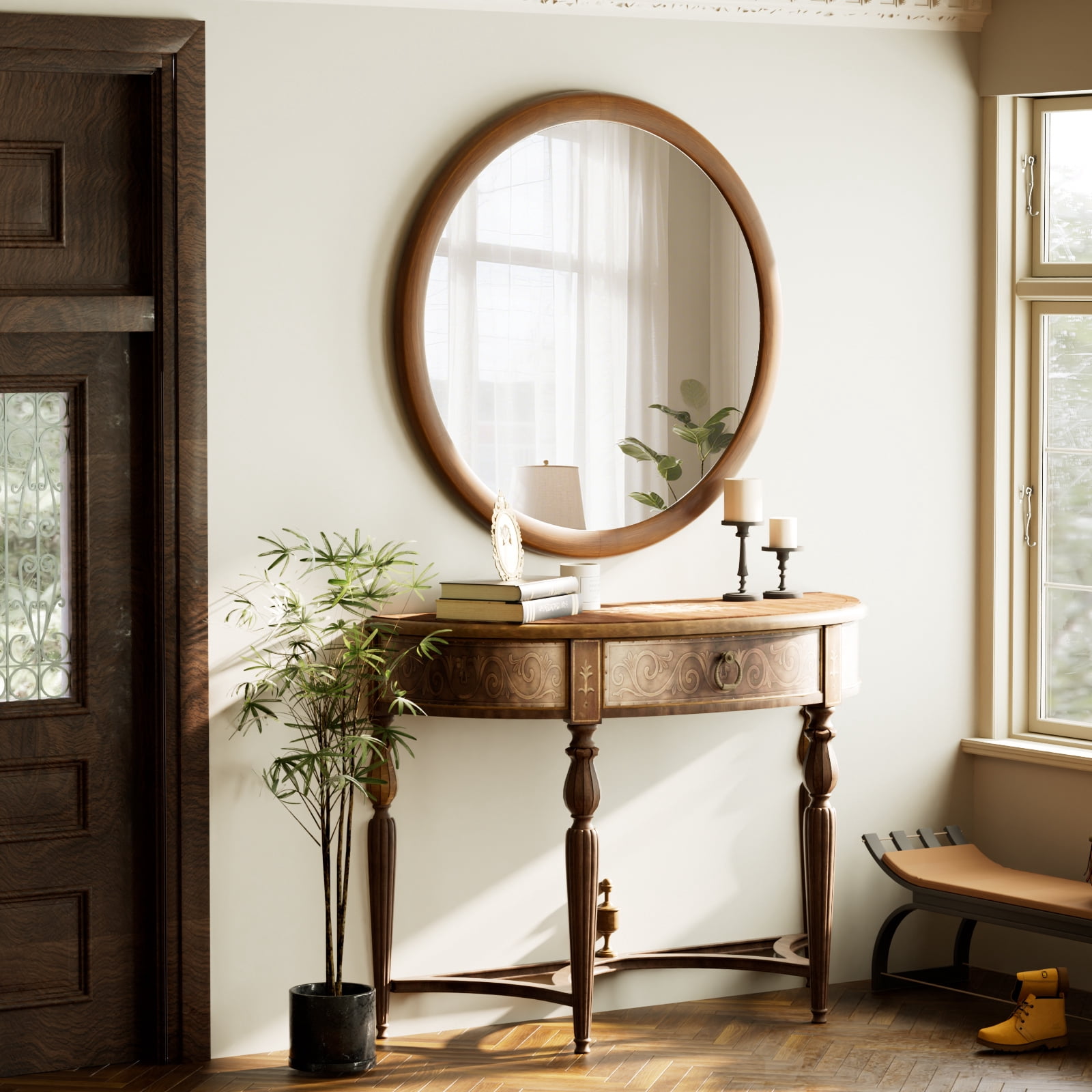 Easy4Home 24" x 24" Round Bathroom Mirror Wall Decor with Wooden Frame, Walnut