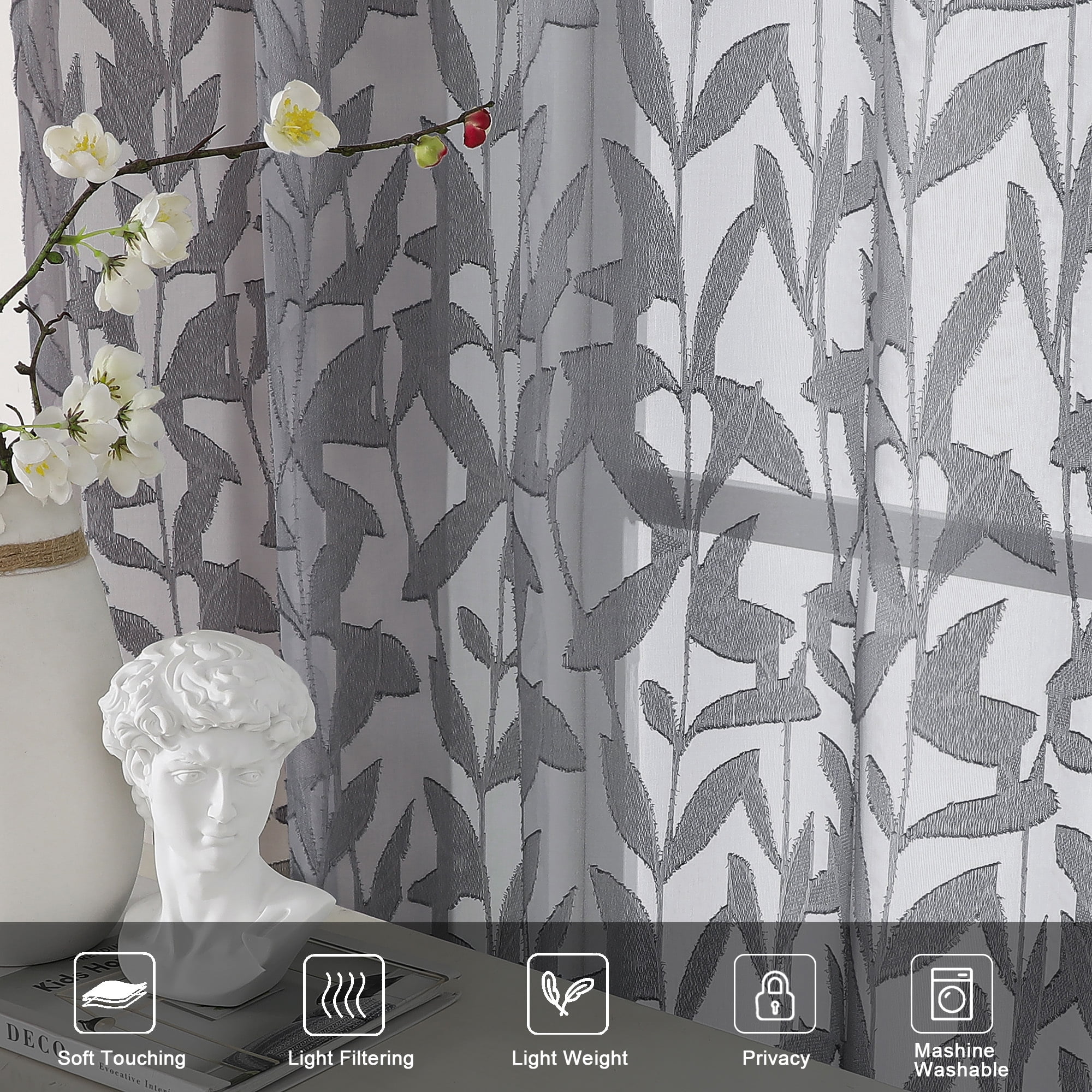 OVZME Leila Light Filtering Grey Sheer Curtains 72 Inches Long 2 Panels, Textured Jacquard Leaf Pattern Farmhouse Door Curtains for Living Room, Bedroom, Bathroom, Each 40Wx72L Inch, Grey