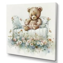 Designart Teddy Bear In Crib With Flowers III Canvas Wall Art