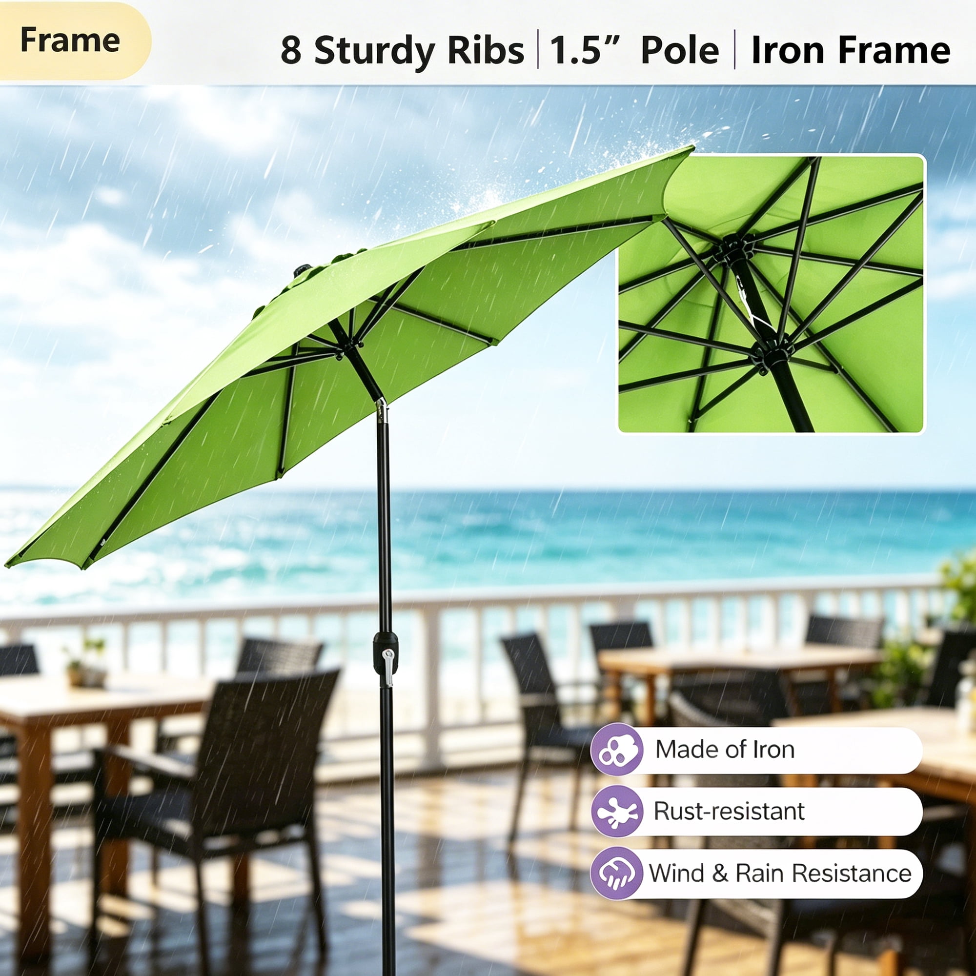 Kool 9 ft Outdoor Patio Market Umbrella with Push Button Tilt and Crank Handle, 8 Steel Ribs, Green