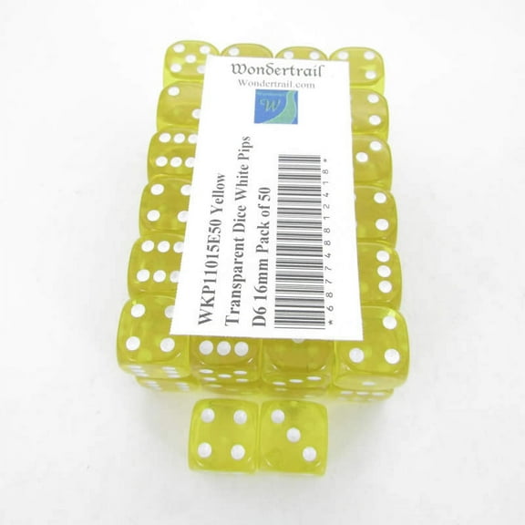 Yellow Transparent Dice with White Pips Rounded Corners D6 16mm (5/8in) Pack of 50 Wondertrail