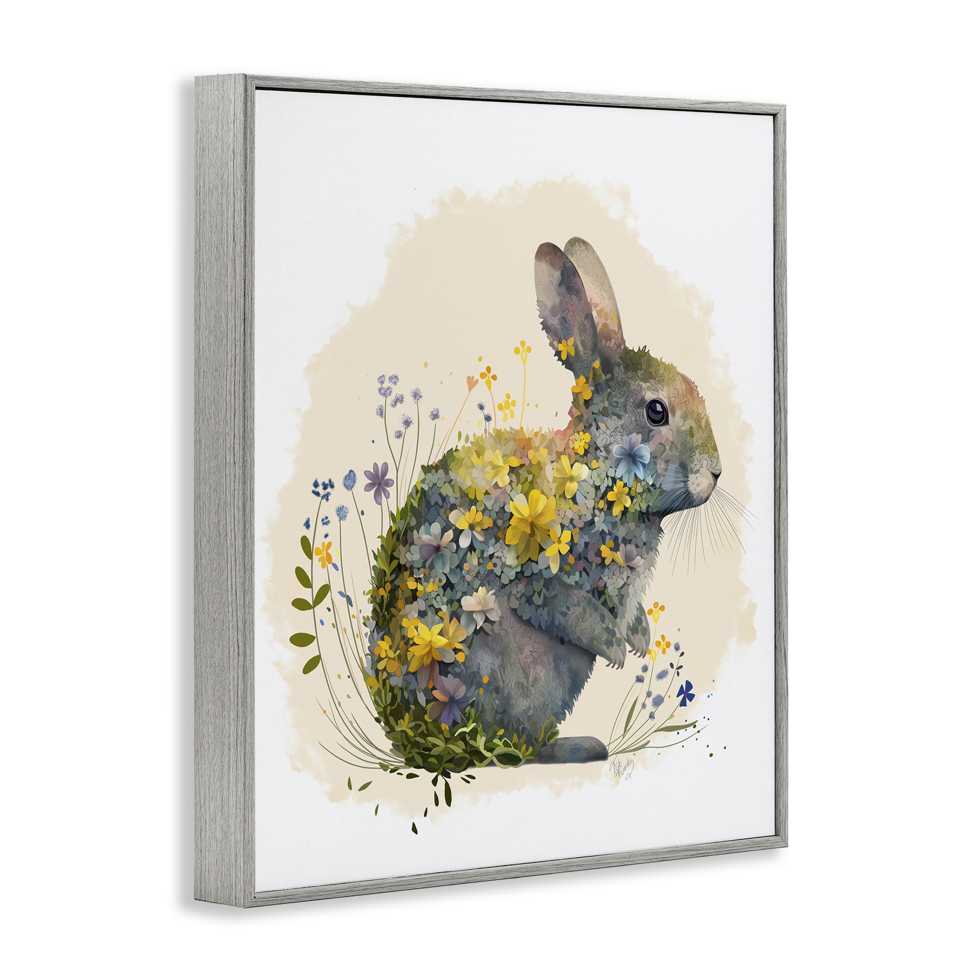 Stupell Industries Rabbit with Buttercup Flowers Animals & Insects Painting Gray Framed Art Print Wall Art, 11 x 14