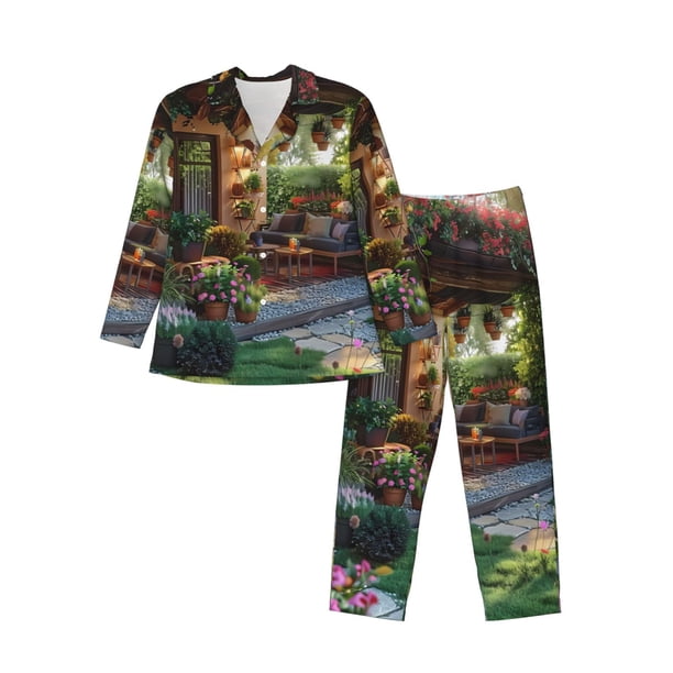 Balery Charming Garden Patio Pijama para Hombre de Dos Piezas con Manga Larga, Conjunto de Dormir y Descanso Suave con Bolsillos-X-Large