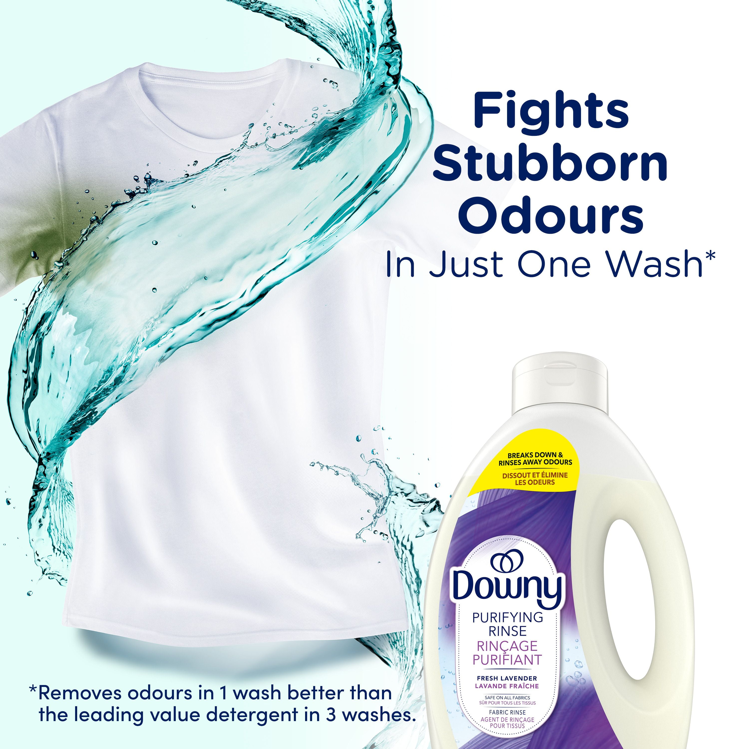 Agent de rinçage purifiant éliminateur d’odeurs pour lessive Downy, parfum Lavande fraîche, assouplissant textile et agent de rinçage éliminateur d’odeurs 1.8 L