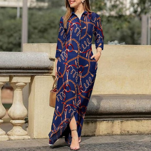 Lilgiuy Beach Sun Dress for Ladies Casual Turn-down Collar Long Sleeve With Pocket Printed Long Dresses