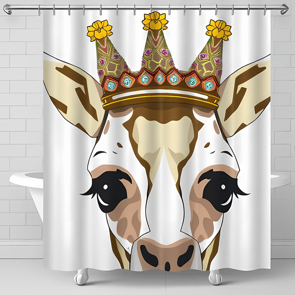 Whimsical Giraffe Shower Curtain with Ornate Crown - Charming Bathroom Decor for Adults