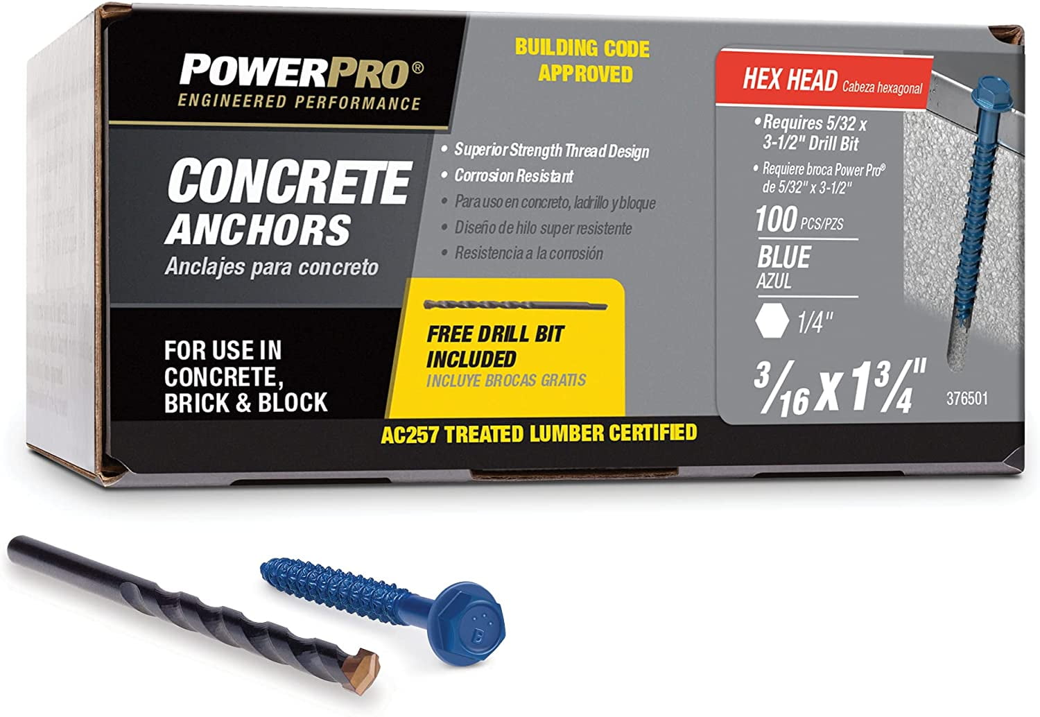 Hillman Fasteners 376501 0.188 x 1.75 in. Power Pro Blue Hex Washer-Head Concrete Screw Anchors - Blue