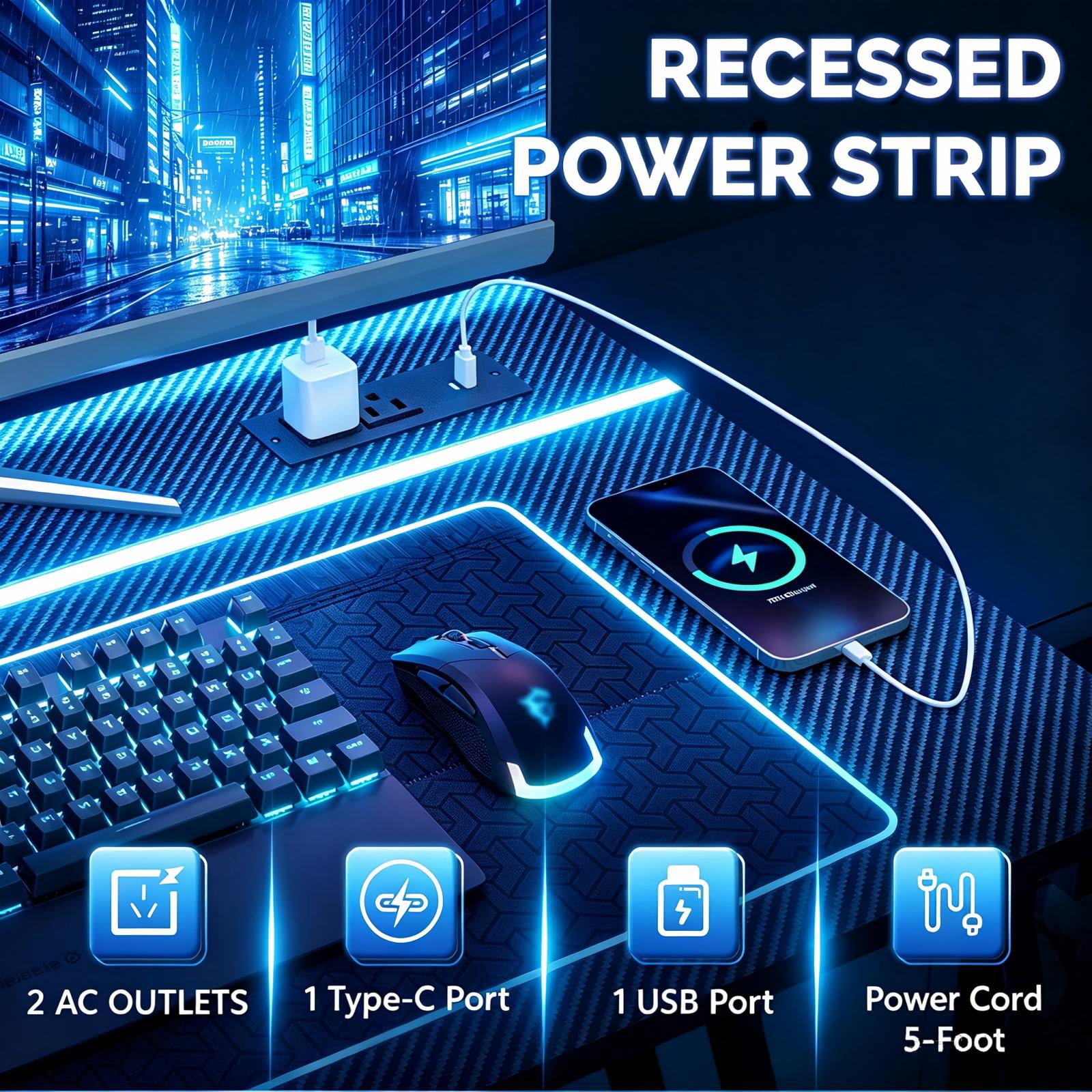 31.5" Z-Shaped Gaming Desk with Carbon Fiber Texture and Recessed LED Light, Black