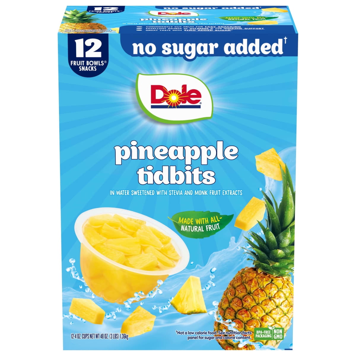 (3 pack) Dole Fruit Bowls No Sugar Added Pineapple Tidbits, 4 oz Cups (12 Pack)
