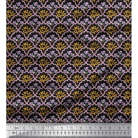 Soimoi Black Cotton Duck Fabric Geometric,Yellow & Purple Floral Damask Print Fabric by The Yard 44 Inch Wide