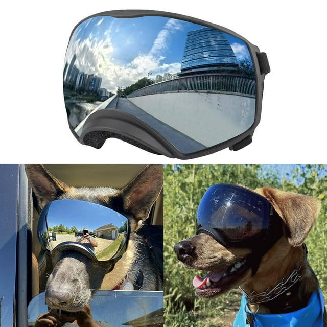 NAMSAN Dog Goggles for Large Dogs, Black/Silver Lenses Replaceable, Anti-UV Sunglasses for Dogs Medium to Large Breeds, Driving Dog Eye Protection, Windproof Dustproof, Adjustable, Black