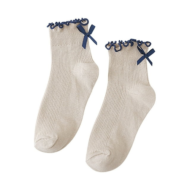 AWZXDE Women's Japanese Style Bow Knot Ruffle Trim Short Socks Cute Cotton Short Socks For Women