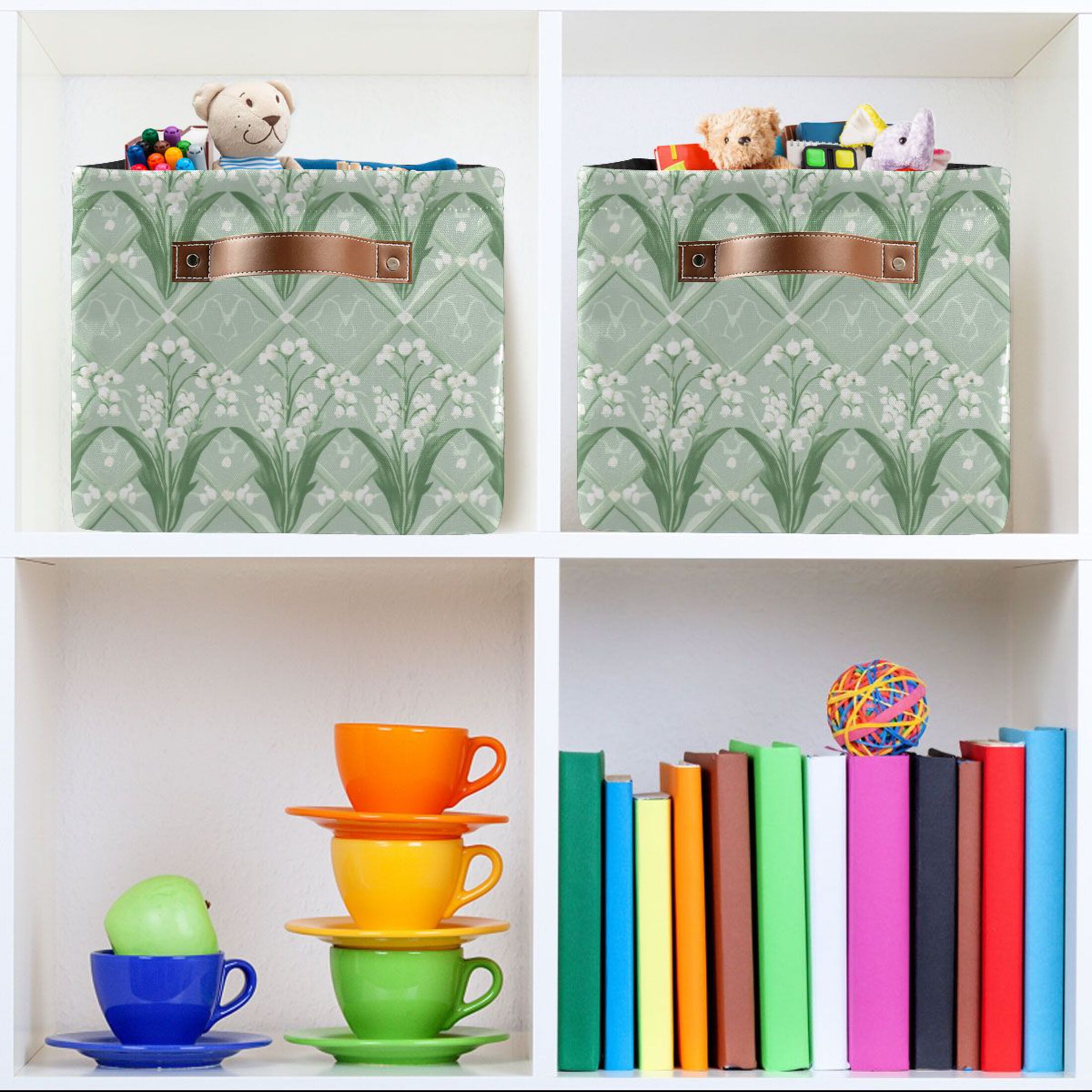 Light Green and White Lily Foldable Storage Basket,Canvas Fabric Foldable Storage Bins with Handles Open Home Storage Bins Boxes for Toy Book Shelf Closet Baskets