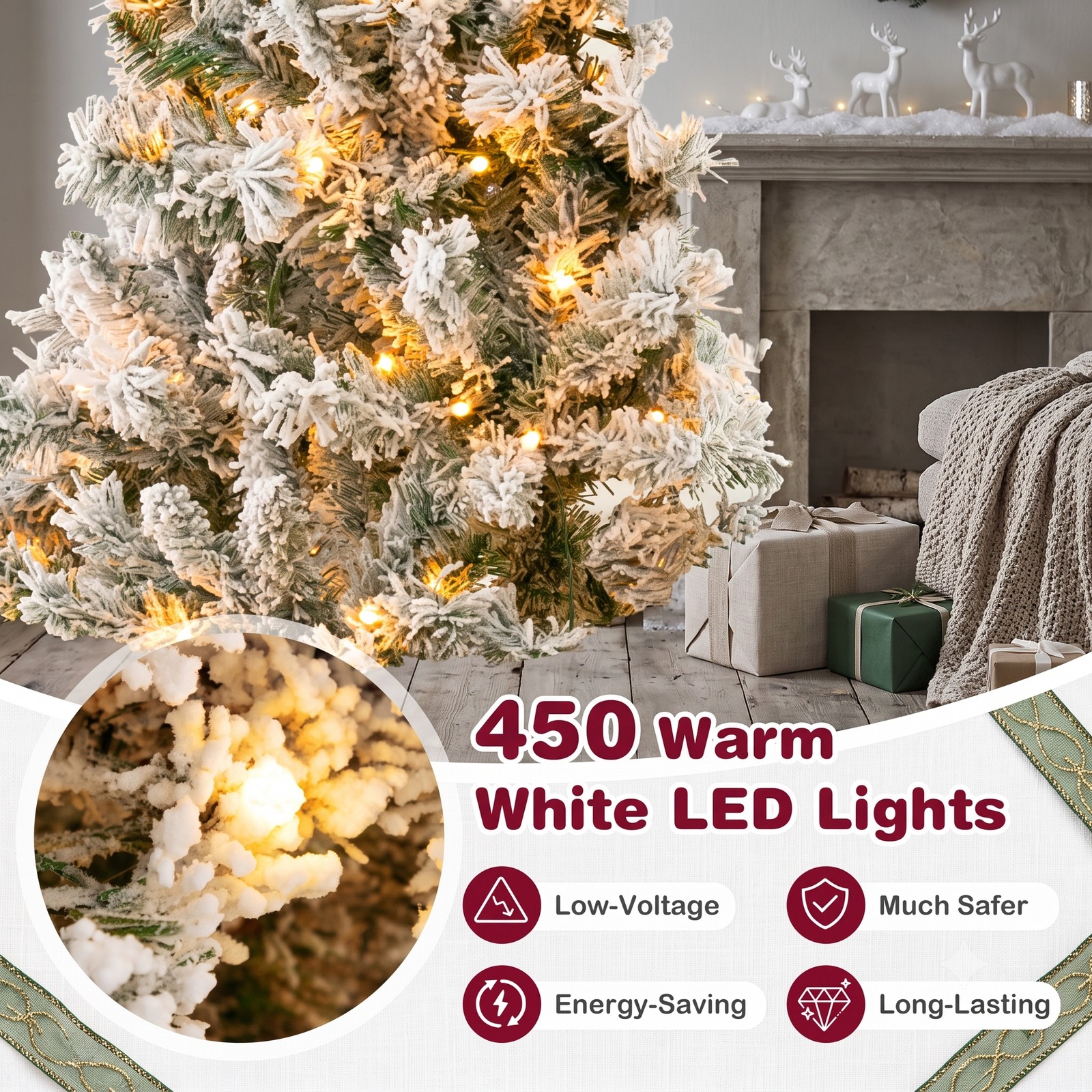 RUIE 7 FT Artificial Christmas Tree with 450 Warm White LED Lights, 3-Minute Quick Shape PVC Flocked Xmas Tree with Metal Stand for Holiday Home Office, Green & White