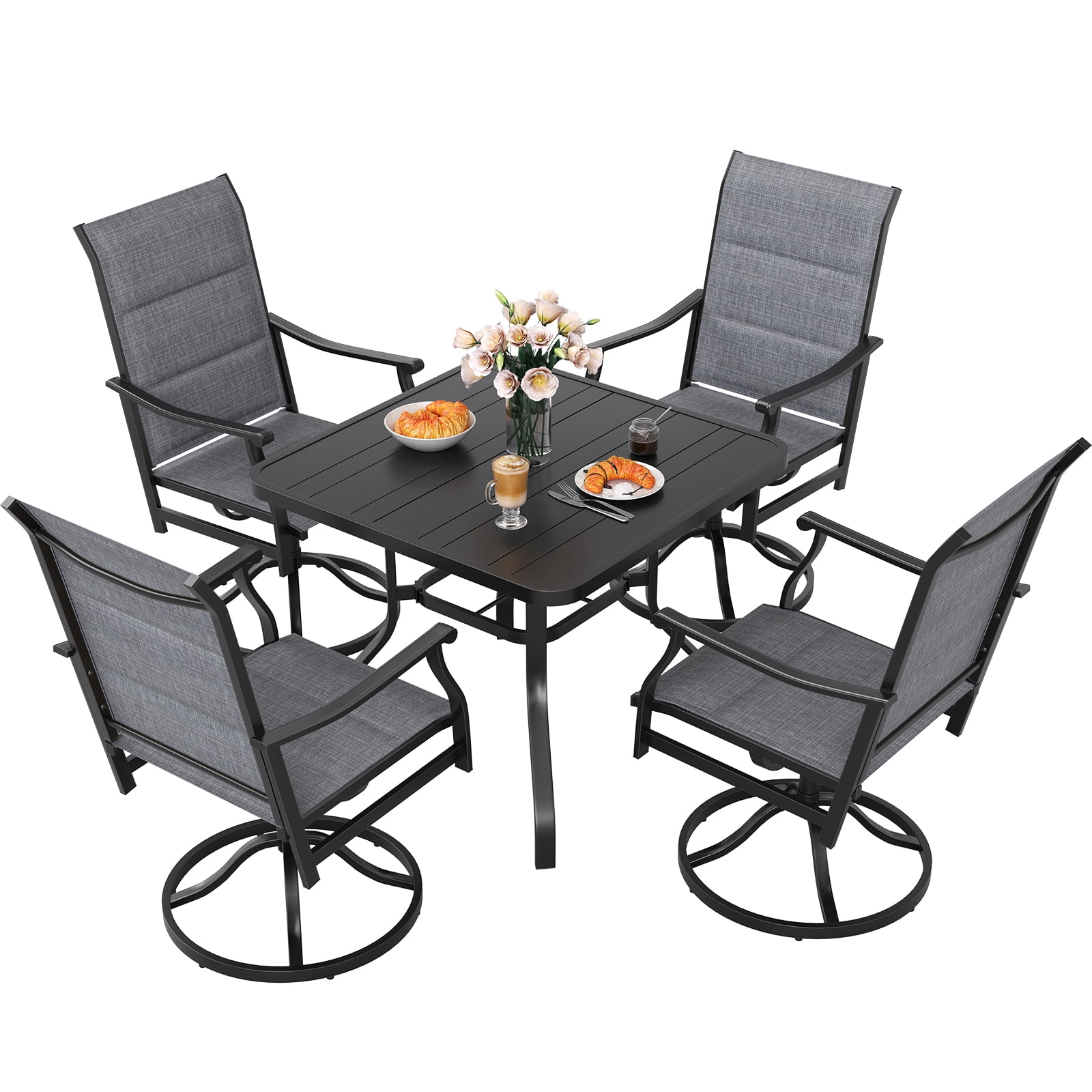 STARY 5 Pieces Outdoor Dining Set with 1.57" Umbrella Hole, Patio Swivel Dining Textilene Chairs and 35"x35" Iron Square Table for 4 People, Balcony