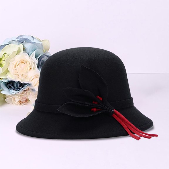 VISALY Hats Hats for Women Fashionable | Red Hats Autumn and Winter Warm Imitation Wool Felt Hat Fashionable Leaf Flower Hat Flower Hats Black and White Hats Womens Straw Hats for Summer 1 Pack