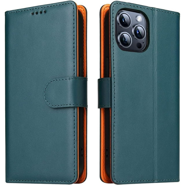 WWS-for iPhone 14 Pro Max Case Wallet Genuine Leather Anti-Theft RFID Blocking Kickstand Strong Magnetic Clasp Closure Cash Credit Card Slots Protective 14 Pro Max Wallet Case (Emerald Green)
