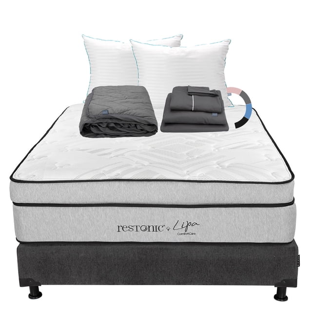 Colchón Queen Size Restonic Lipa + Box + Almohadas Royal Twin + Protector de Colchón Lux + Sábanas Royal