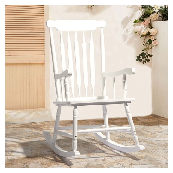 AetherLove Rocking Chair, Solid Wooden Frame, Outdoor & Indoor Windsor Leisure Rocker Chair for Garden, Patio, Balcony,Porch, Bedroom,Living Room(White,1)