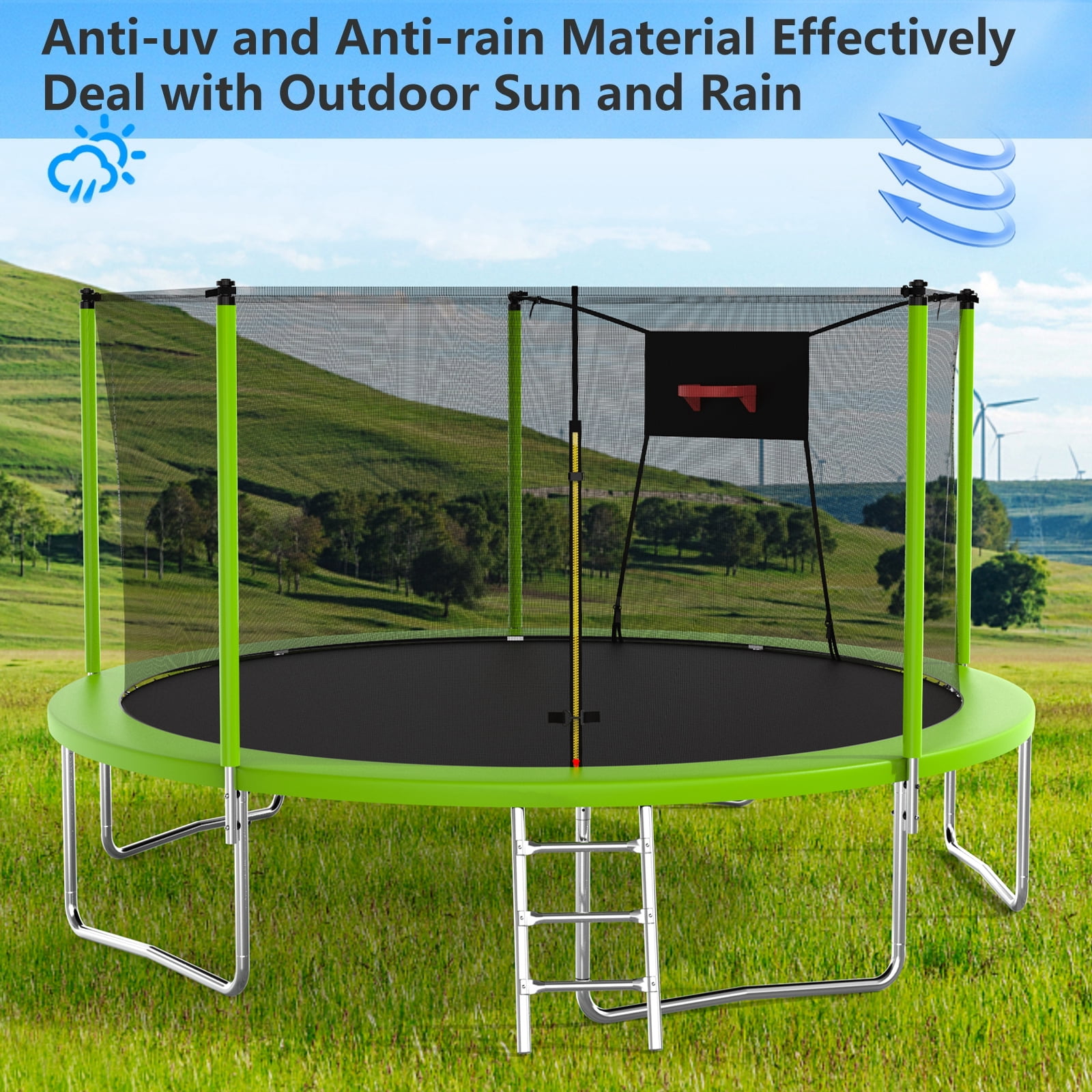 Trampoline with Enclosure, Upgraded 14 Feet Kids Outdoor Trampoline with Basketball Hoop and Ladder, Heavy Duty Round Trampoline for Indoor Outdoor Backyard, LLL4568