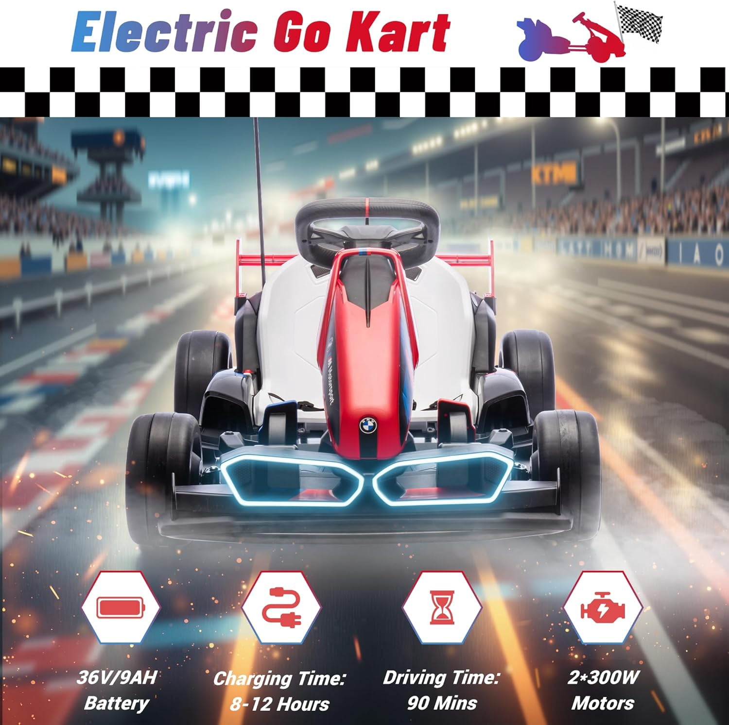 Licensed BMW Electric Go Kart for Kids 6-12, 36V 9AH Drift Kart Ride on Toys, Dual 300W Motors, Adjustable Seat, Drift Mode, 2 Speed, LED Lights