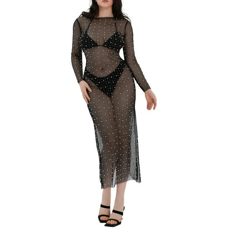 Mevireiy Women Sheer Mesh Pearl Rhinestone Cover Up Dress Beach Swimwear Bikini Bathing Suit Coverups  Black  XXL