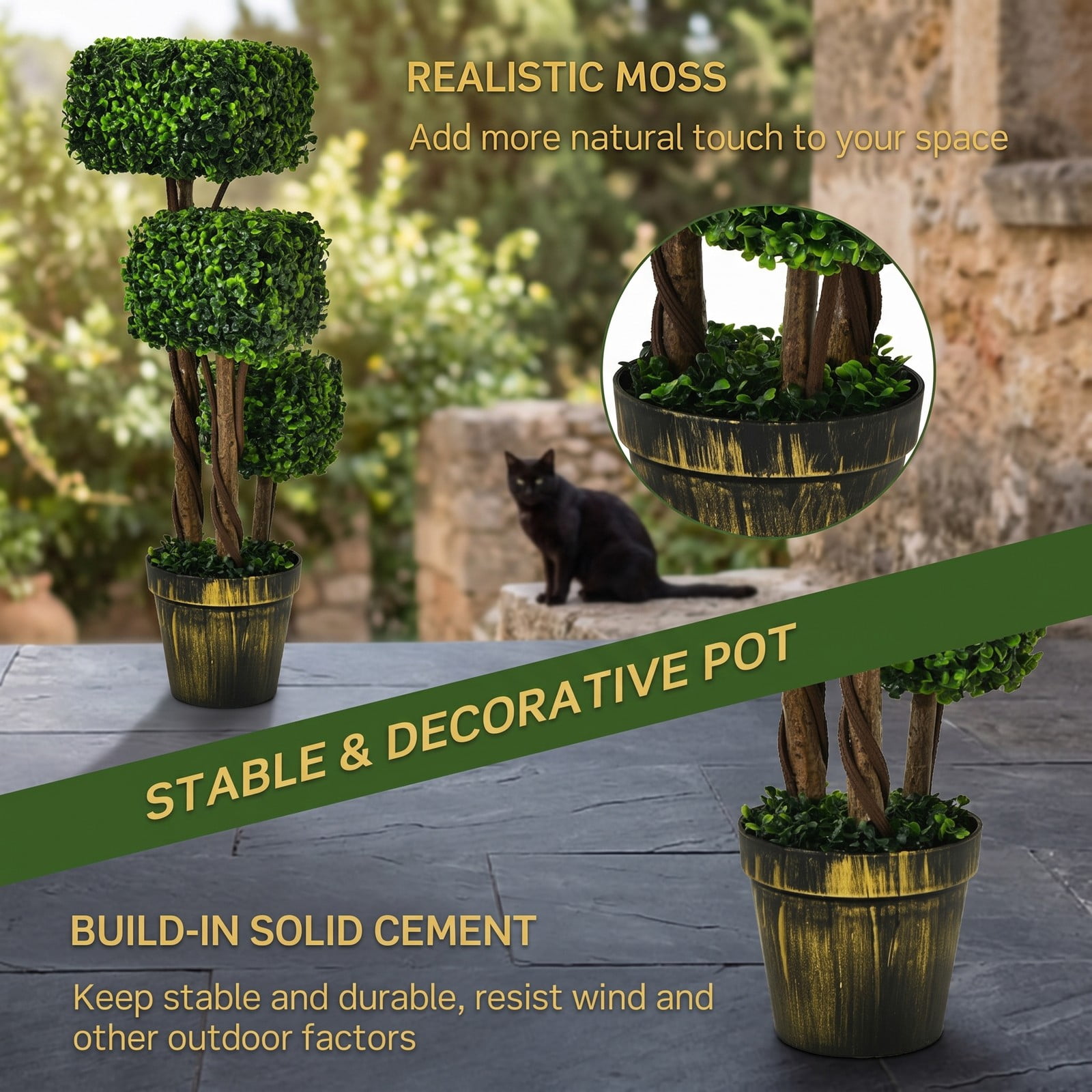 ALPULON 36 Inch Artificial Boxwood Topiary Tree, UV Protected Faux Boxwood Ball Plant with Cement Base for Indoor Outdoor Home Office Porch Patio Garden Decor, Green