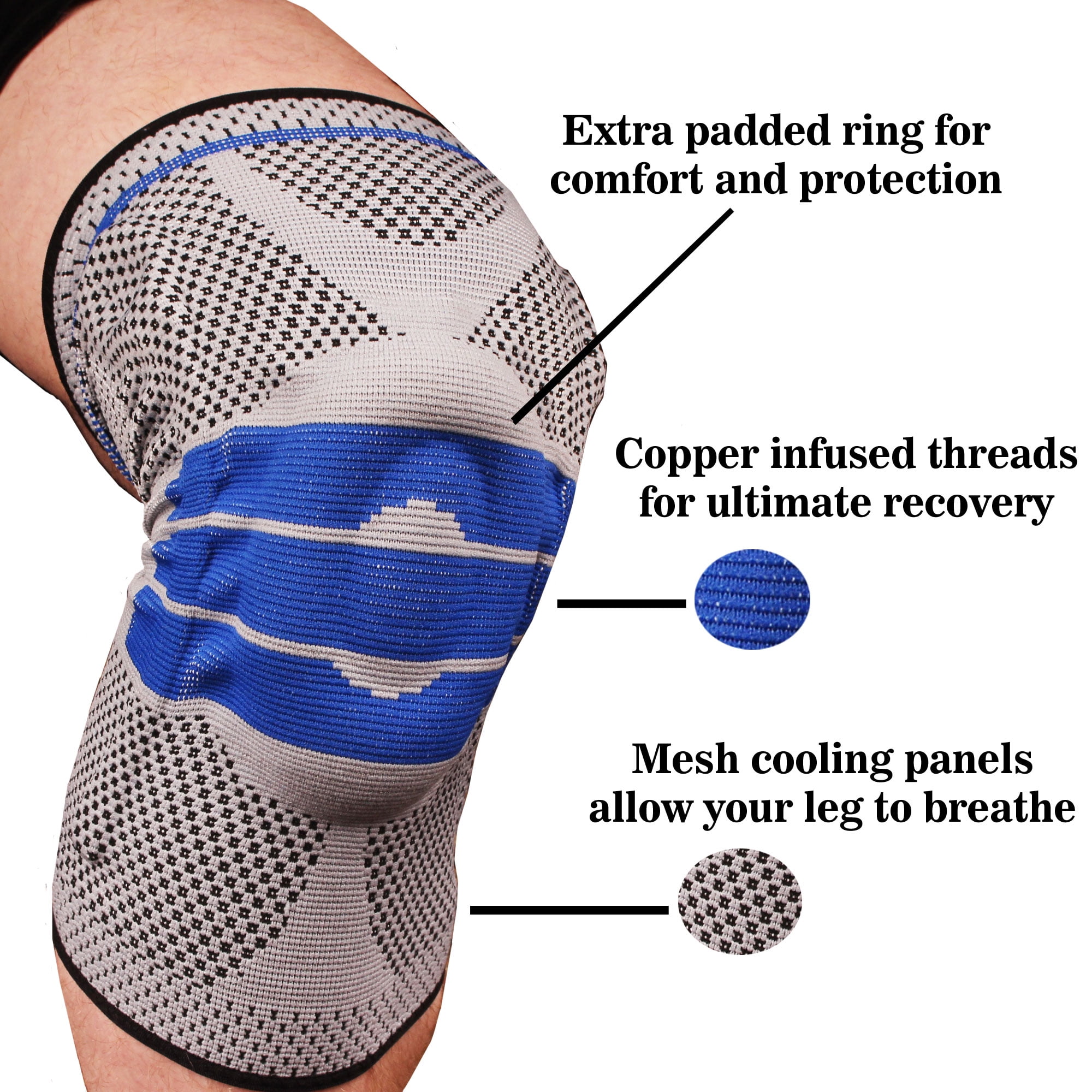 Copper D Compression Knee Sleeve Brace- Bamboo Rayon - L/XL - Grey Blue - 2 Pack