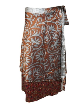 Mogul Women Brown,Gray Magic Wrap Skirt 2 Layer Printed Indian Vintage Sari Reversible Beach Wear Wrap Around Skirts