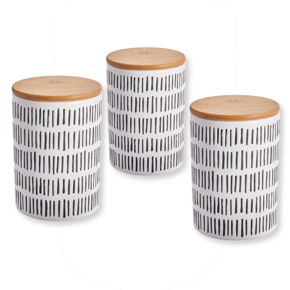 ITY International - Set of 3 Airtight Ceramic Storage Jars with Bamboo Lid, Size Large, White and Black