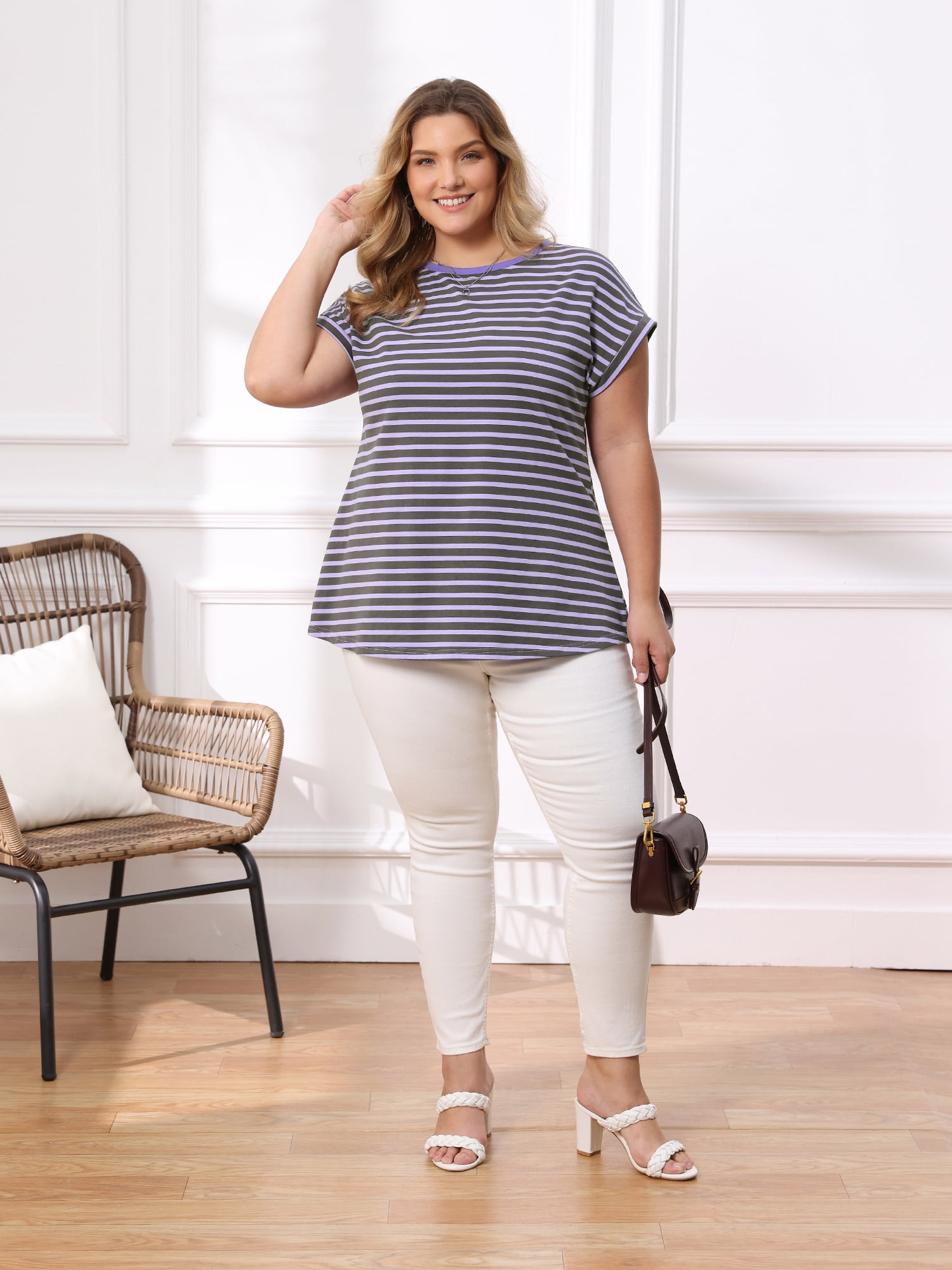 DARING DIVA Women's Plus Striped Raglan Sleeve Crew Neck T-Shirts Blouses 4X Purple