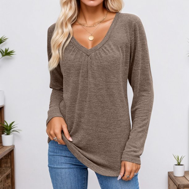 MHFRRA Camisetas de Mujer de Manga Larga Holgadas para Primavera y Otoño con Diseño Plisado Café
