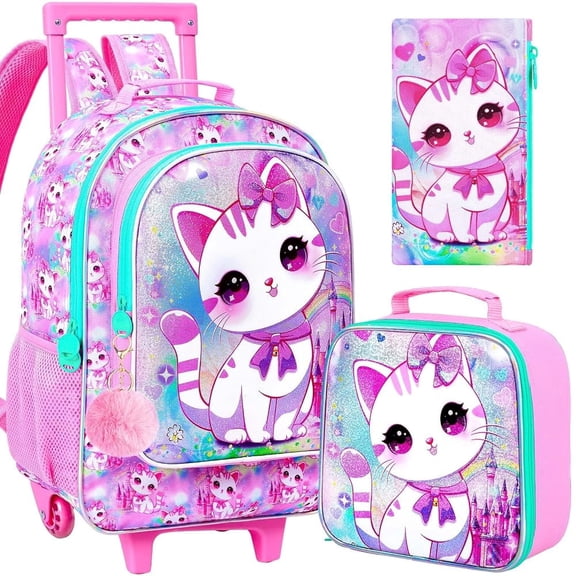 3PCS Rolling Backpack for Girls, Cat Roller School Bookbag with Lunch Bag, Kids Water Resistant Wheeled Backpacks for Teens Elementary Trave