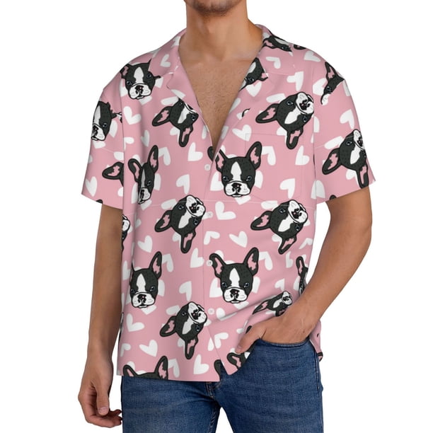 Balery French Bulldog Camisa Casual de Manga Corta con Botones para Hombre, Texturizada, Estilo Cubano, para Playa, Verano-XX-Large