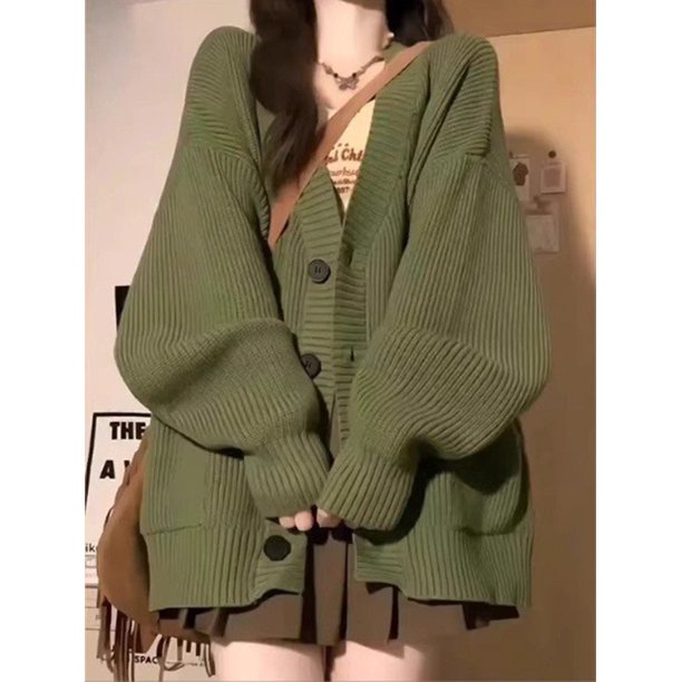 Cárdigans para mujer, abrigos, moda de invierno y otoño, chaquetas de punto holgadas de manga larga con cuello en V, suéter informal con una botonadura, cárdigans
