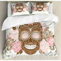 Sugar Skull King Size Duvet Cover Set, Romantic Sugar Skull Figure with Roses and Thorns in Pastel Colors, Decorative 3 Piece Bedding Set with 2 Pillow Shams, Chocolate Rose Cocoa, by Ambesonne