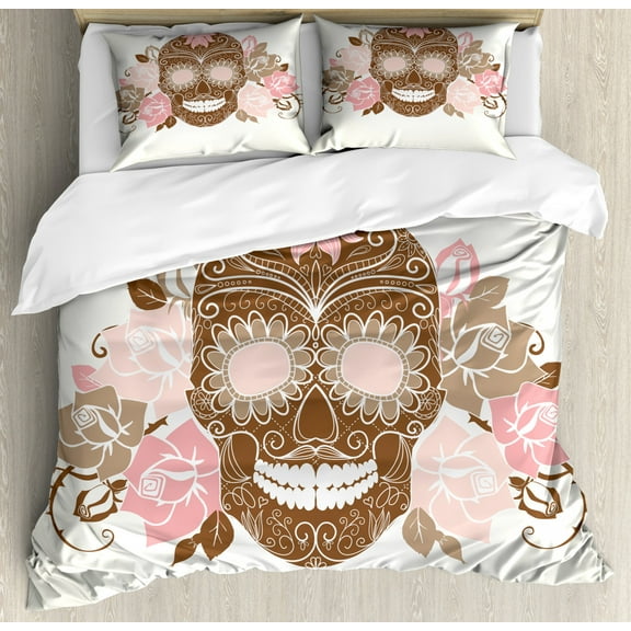 Sugar Skull King Size Duvet Cover Set, Romantic Sugar Skull Figure with Roses and Thorns in Pastel Colors, Decorative 3 Piece Bedding Set with 2 Pillow Shams, Chocolate Rose Cocoa, by Ambesonne