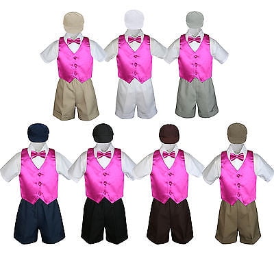 Boy Toddler Formal Fuchsia Vest Bow Tie White Khaki Navy Black Hat 5pc Set S-4T