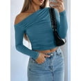 thumbnail image 4 of Women'S Casual Long Sleeve Boat Neck Off Shoulder Slim Fit Crop Top Going Out Blouses Y2K Tight Shirts Denim Blue M, 4 of 5