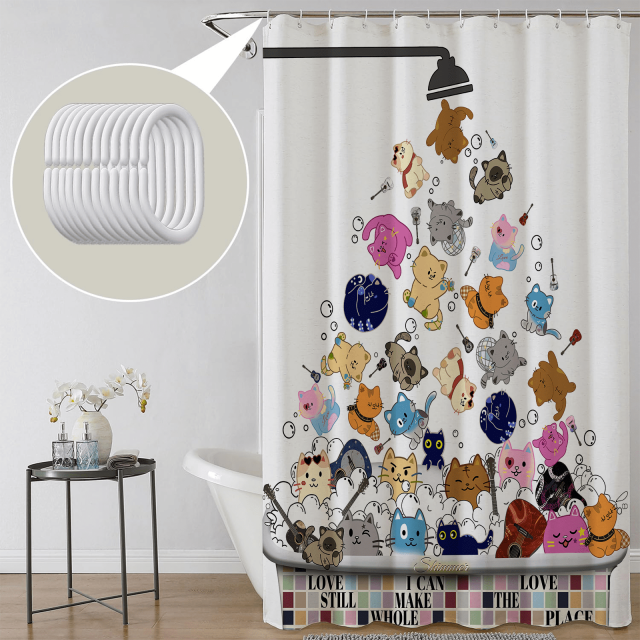 Cortina de ducha con diseño de gato, divertida y colorida, para baño de niños, resistente al agua, con 12 ganchos, 60 x 72 pulgadas
