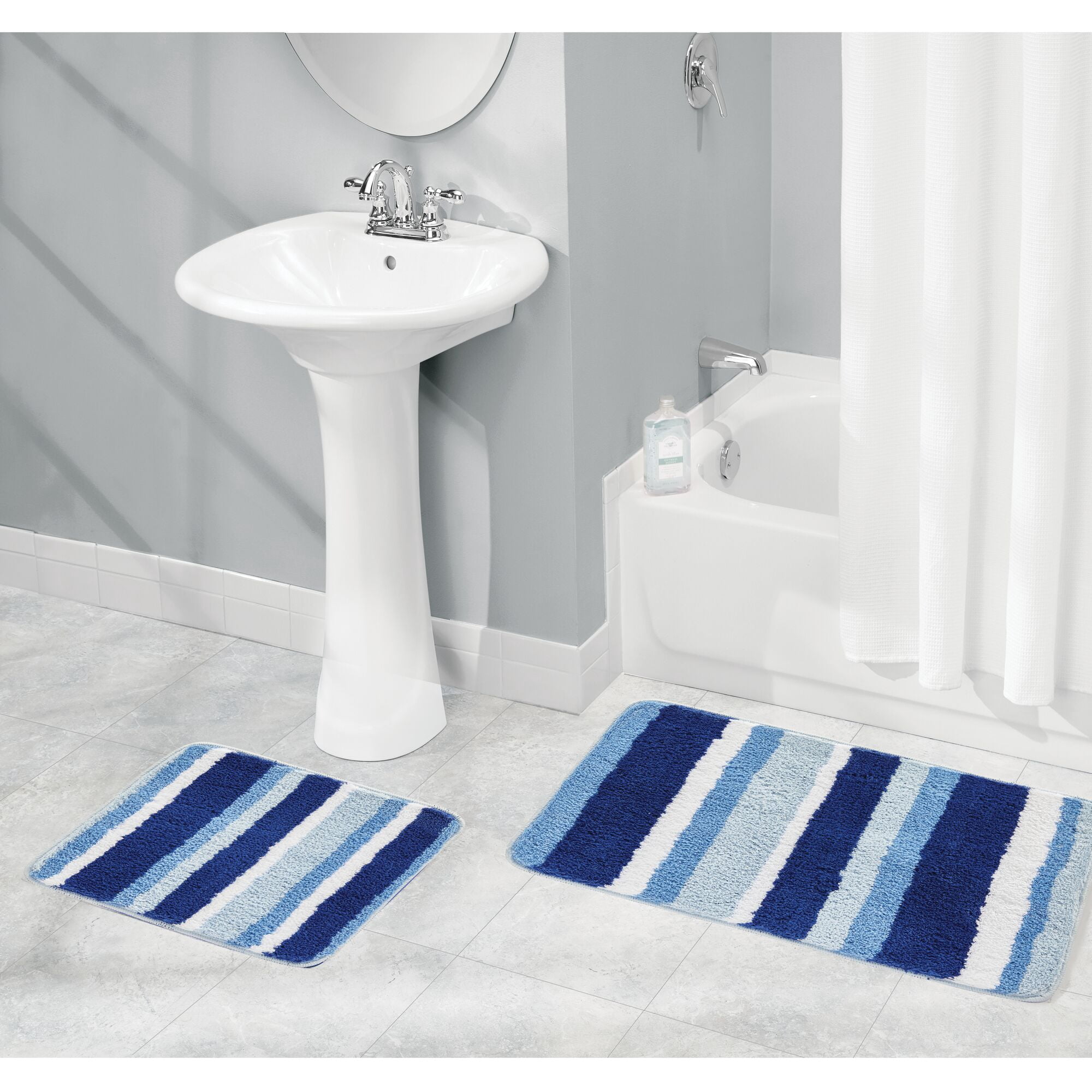 mDesign Striped Microfiber Bathroom Spa Mat Rugs/Runner, Set of 3 - Blue