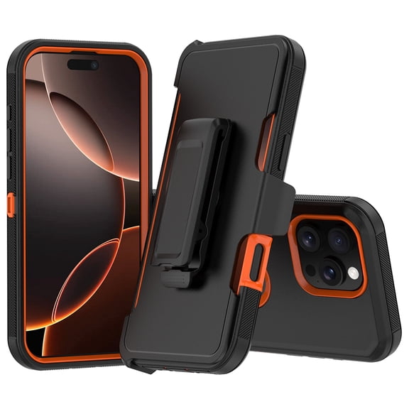 Hotpom for iPhone 14 Pro phone Case Heavy Duty Shockproof Dust/ Drop Proof Full Body Protection Anti-Fingerprint with Black Belt Clip for Men/Women, Black/Orange