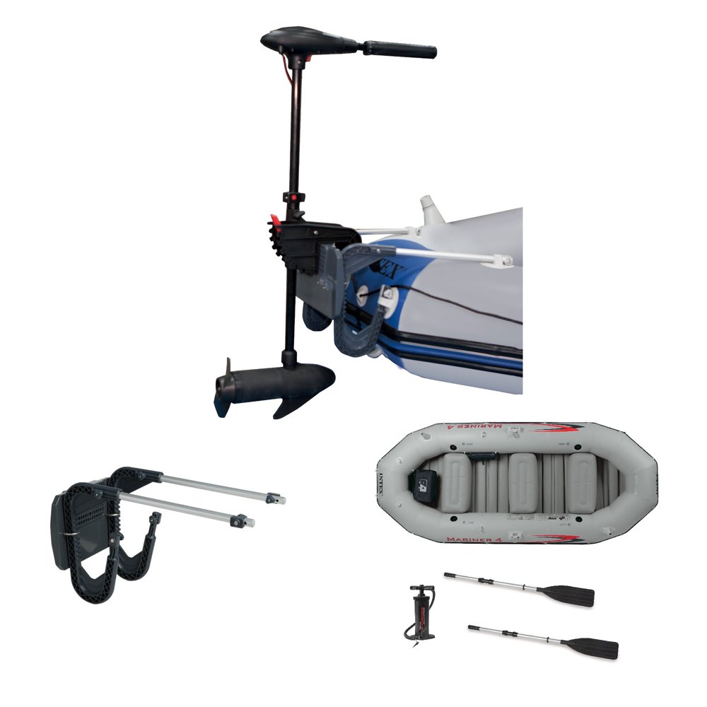 INTEX 12 Volt 8 Speed Trolling Motor, Mount Kit and 4Person Boat and