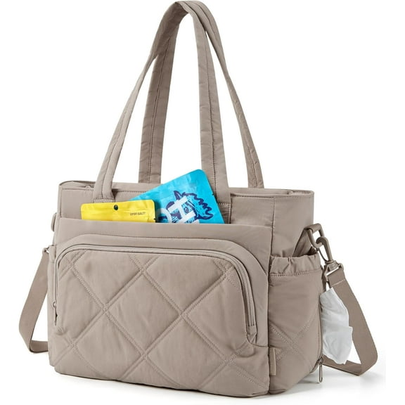 Lunch Bag Women Large Lunch Box Insulated Tote Bag with Multi-Pockets Quilted Puffy Tote for Work, Outdoors-Brown