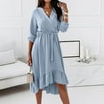 thumbnail image 5 of Fesfesfes Women Dress Spring And Fall V-Neck Solid Color Long-Sleeved Temperament Lace-Up Waist Slim Fit Ruffles Skirt Dress Under $10, 5 of 9