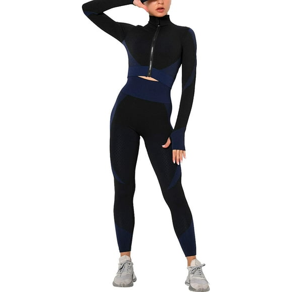 Womens Workout Tracksuit 2 Pieces Set High Waist Leggings and Long Sleeve Crop Top Yoga Activewear with Front Zipper