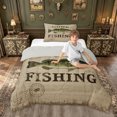 thumbnail image 2 of meiyoeat Retro Stamp Vintage Gone Fishing Bass Poster Twin Comforter Sets for Men Adults, Lake Wildlife Bedding Set, Beige, Grey Reversible, 2 Pieces, 1 Comforter and 1 Pillowcase, 2 of 5