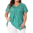 thumbnail image 1 of Agnes Orinda Blusa de mujer de talla grande con cuello en V, manga corta, dobladillo asimétrico, lunares y pliegues 1X Verde oscuro, 1 of 5