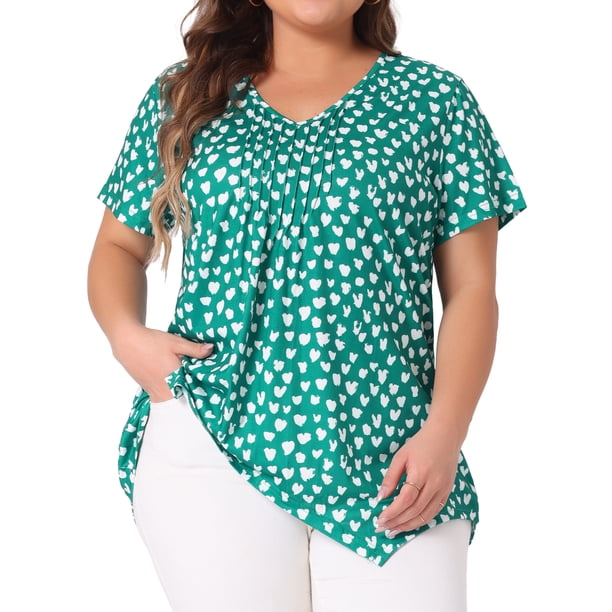 Agnes Orinda Blusa de mujer de talla grande con cuello en V, manga corta, dobladillo asimétrico, lunares y pliegues 1X Verde oscuro